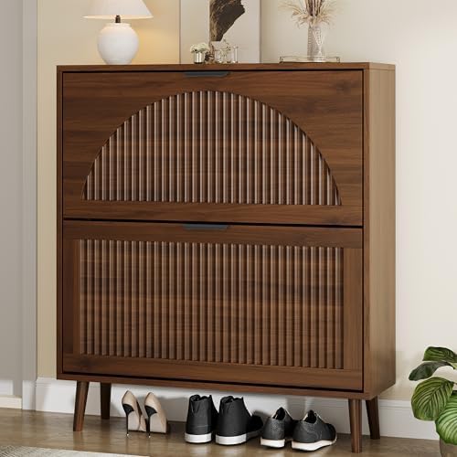 Shoe Storage Cabinet with 2 Flip Drawers, Narrow Wood Shoe Organizer Cabinet with Fluted Panel, Slim Shoe Rack for Entryway, Freestanding Shoe Cabinet for Living Room, Hallway, Walnut