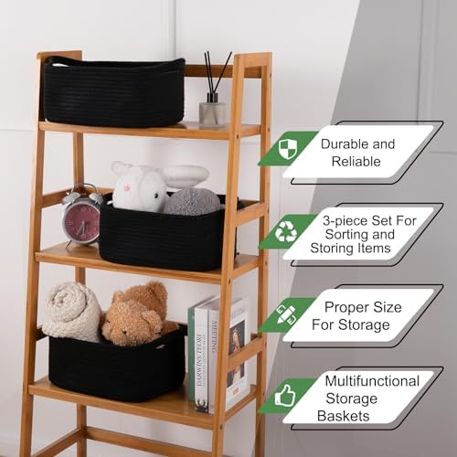 OIAHOMY 3 Pack Storage Baskets for Shelves Cotton Rope Storage Bins Black