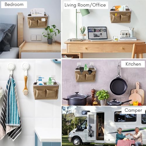 Kanrichu 3pcs Middle Wall Hanging Organizer Bag, Linen Fabric Door Hanging Storage Basket with Pockets, Waterproof Bin for Kitchen, Bedroom, Office, RV Camper (Khaki)
