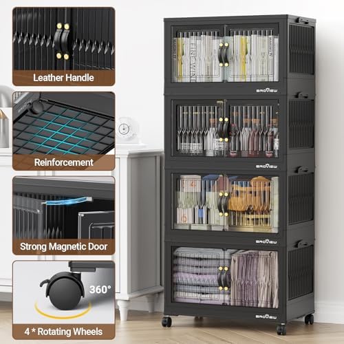 BROVIEW 320Qt Large Stackable Storage Bins with Lid & Wheels, Plastic Collapsible Closet Organizers and Storage Drawers for Clothes | Foldable Storage Cabinet Container for Dorm Kitchen 4Pack Black
