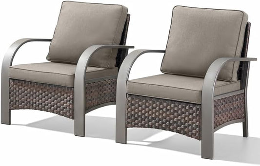 Belord Wicker Patio Chairs Set of 2-300LBS Weight Capacity Oversize Outdoor Patio Chairs with High Backrest Metal Curved Armrest, All Weather PE Rattan Outdoor Seating for Porch Deck Backyard