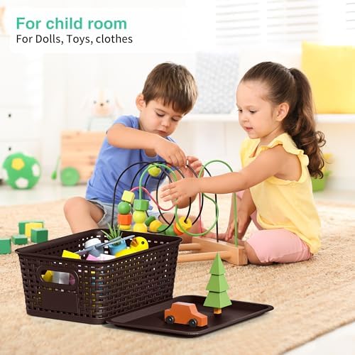 8 Pack Plastic Storage Baskets,Brown Stackable Bins with Lid