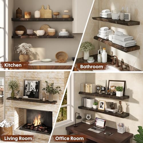 24" Live Edge Floating Shelves, Solid Elm Wood Shelf, Set of 2