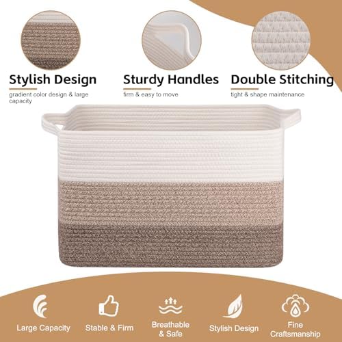 OIAHOMY Large Blanket Basket, 65L Cotton Rope Woven Laundry Basket, Toy Bin for Baby Room, Container for Blanket Storage in Living Room, 20''×16''×12'', Gradient Brown