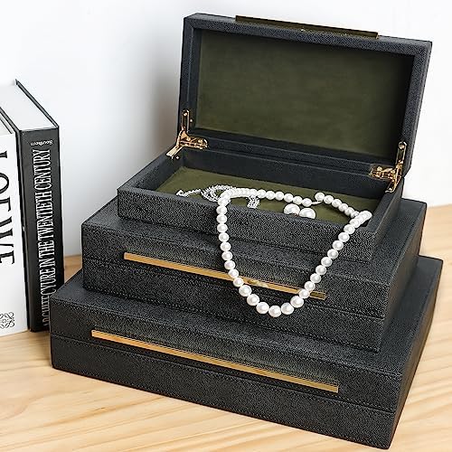 Modern Decorative Box Faux Shagreen Leather, Decorative Storage Boxes with Lids for Home Decor, Large Multifunctional Storage Jewelry Box Organizer(black 3PCS)
