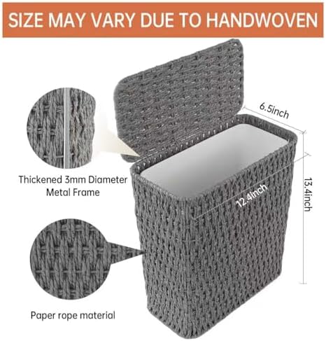Coeusy 3 Gallon Paper Rope Bathroom Trash Can,Small Wicker Trash Cans with Lid and Liner,Woven Rattan Narrow Waste Basket for Bedroom,Office,Grey