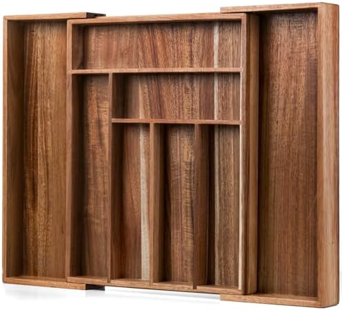 Fibogollo Expandable Kitchen Drawer Organizer,Acacia Wood Silverware Organizer,Adjustable Flatware Tray for Utensils(16.93 * 13.19~22.44 * 1.97)