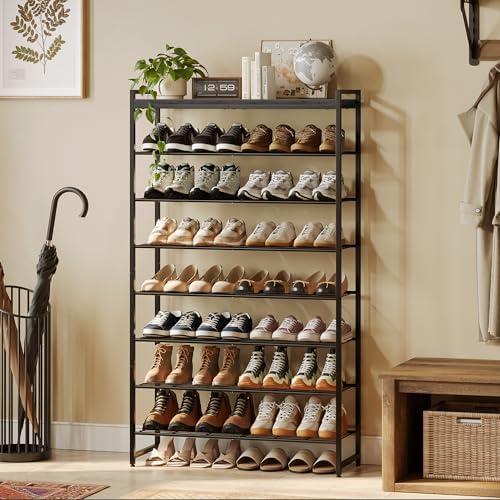 8 Tier Shoe Rack Organizer for 32-40 Pairs, Tall Metal Shoe Storage Shelf with Wood Top, Adjustable Boot Space, Narrow Design for Entryway Closet, Black