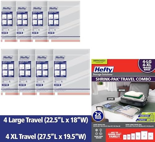 Hefty Shrink-Pak Travel Storage Bags – For Clothes, Pillows, Towels, Blankets & More – Space Saver Suction Sealer Bags for Luggage or Moving – 4 Large, 22.5x18 Inches, 4 XL, 27.5x 19.5 Inches