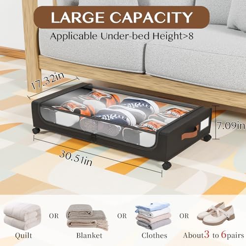 Under Bed Storage with Wheels, UnderBed Storage Containers with Clear Lid and Handles, XXL 60L Under the Bed Storage Bins Drawers for Clothes,Blankets,Shoes,Books (BLACK, 2 PACK)