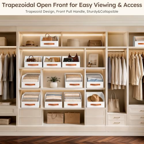 Homsorout Fabric Storage Bins for Organizing - 8 Pack Large Trapezoid Collapsible Storage Bins with Front Handle, Closet Organizers and Storage for Bedroom, Home Shelves, Small Spaces, White