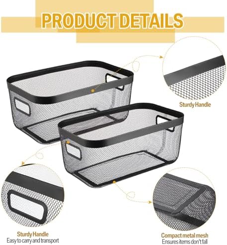 MorningRo 4 Pack Metal Mesh Basket with Hollow Handles Black Wire Storage Bin for Organizing Stackable Metal Fine Mesh Basket for Pantry Bathroom Kitchen Cabinets Shelves (X-Large)