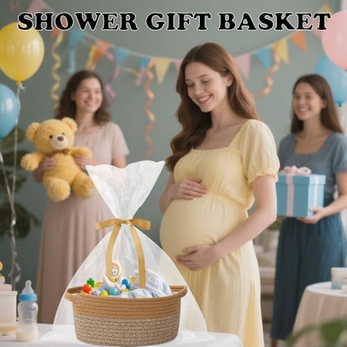 Woven Rope Basket - Baby Gift Basket with Bag & Ribbon, Jute&Brown