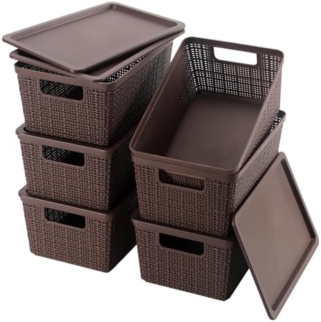 6 Pack Plastic Storage Baskets with Lid,Brown Stackable Bins