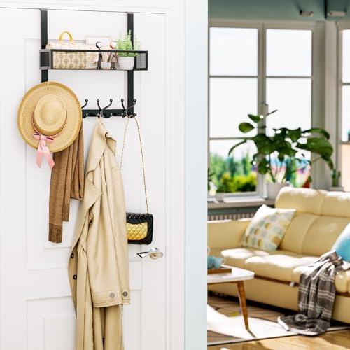 Consumest Over The Door Hooks Organizer - 2 Tier Over Door Hanger with 16 Hooks & 2 Baskets for Hanging Coat, Clothing, Towel, Back Storage for Bathroom, Closet, College Dorm, Black