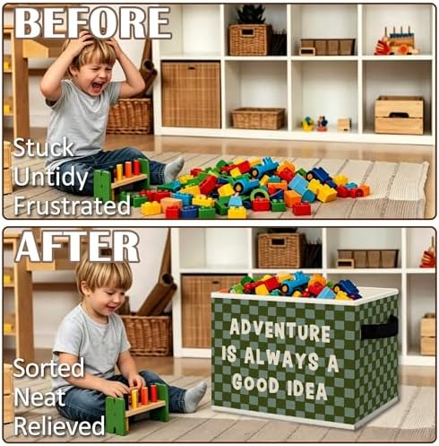 Adventure Classroom Nursery Cube Storage Bins with Handles, Green Checkered Kids Playroom Collapsible Fabric Storage Basket Boxes Toys Books Clothes Organizer for Kids Boys Bedroom Bathroom