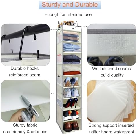 Large-Sized Hanging Shoe Organizer 10-Shelf, Sturdy Hanging Closet Organizer with 8 Side Pockets, Wider Hanging Shelves for Storage Shoes Clothes Jeans Shirts Toys, Beige