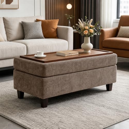 GENTEACO 45" Ottoman Coffee Table with Storage, Reversible Wooden Tray Top, Large Chenille Upholstered Ottoman, Hidden Storage Foot Rest Bench for Living Room, Bedroom, Entryway,Brown