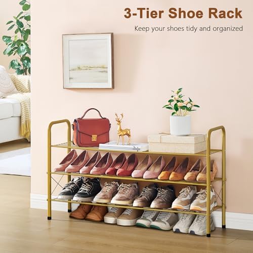 Hoctieon 3 Tier Mesh Style Shoe Rack, Entryway Shoe Shelf, Shoe Storage Organizer, Shoe Rack for Closet, Space Save for Bathroom, Garage, Hallway, Bedroom, Living Room, Gold