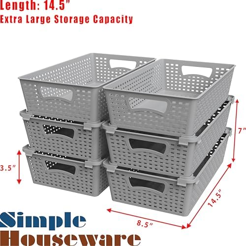 Simple Houseware Stackable Plastic Woven Basket Organizer, 6 Pack, Gray