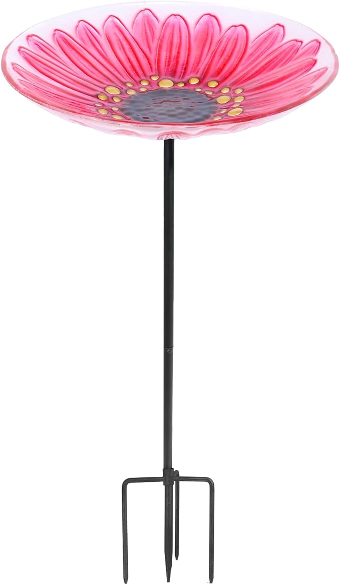 MUMTOP Glass Bird Bath, Garden Outdoor Birdbaths Birdfeeder with Metal Stake Pink Flower