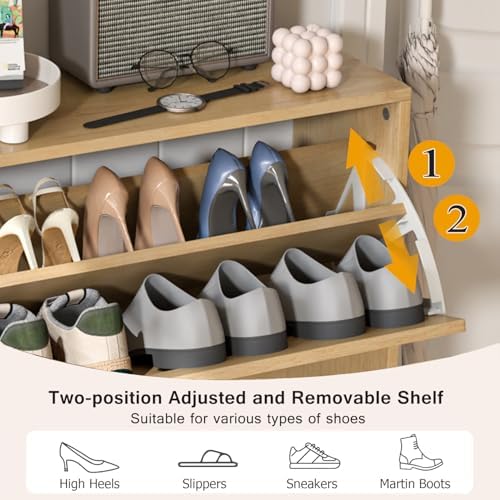 Fsbecl Shoe Storage Cabinet for Entryway with 2 Fluted Flip Drawers, Oak