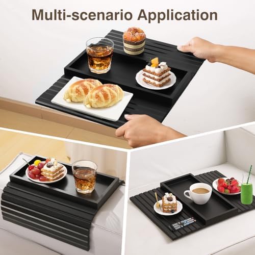 Couch Arm Tray, Bamboo Sofa Armrest Tray for Couch，Black | Anti-Slip Couch Armrest Table, Foldable Couch Cup Holder for Dessert, Phone, Control, Cups