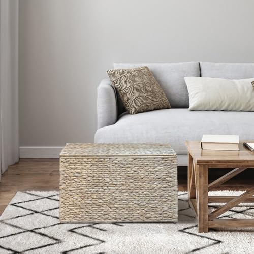Water Hyacinth Storage Basket with Lid, 42.3 Gallon (160L) Wicker Storage Trunk with Handles, Handwoven Wicker Storage Basket for Blanket, Foldable, for Living Room, Laundry Room, White