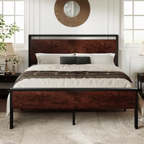 Allewie Full Size Bed Frame, Heavy Duty 12 Metal Slats Support, Mahogany