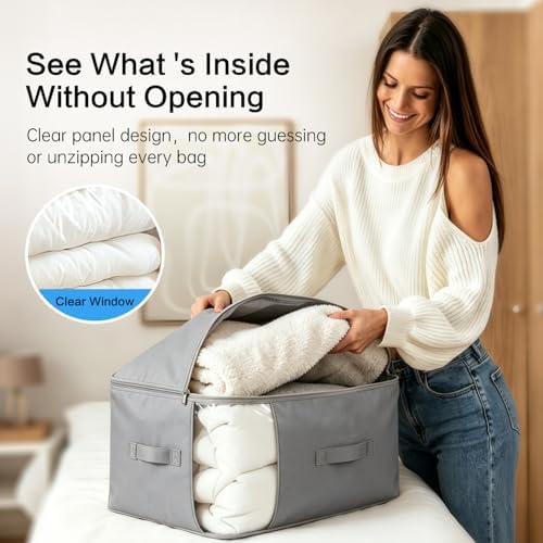 Comforter Storage Bag, Large Capacity Blanket Storage Bags 3-Layer Ultra Space Saving Self Compression Organizer, Heavy Duty Space Saver Organizer for Bedding, Clothes, Blanket, 4-Pack, Gray
