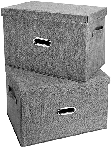 Large Linen Fabric Foldable Storage Bins with Removable Lid and Handles, Washable Storage Box Organizer Containers Baskets Cube with Cover for Bedroom,Closet,Nursery (Grey, Medium(2-Pack))