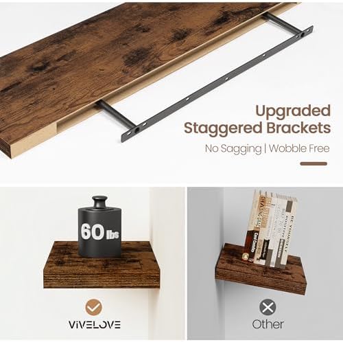 Vivelove Floating Shelves 9 inch Deep 48”Long Set of 2, Rustic Brown | Easy Install With Hardware, 1.5" Thick, Invisible Brackets, Wall Mounted, No Sagging, For Any Room