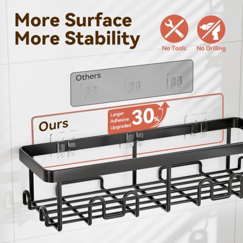 YASONIC Shower Caddy Adhesive, Rustproof Shower Organizer, Wall Shower Rack | Large Capacity Shower Shelves for Inside Shower, Shampoo Shower Holder, Black, 3 Caddies, 1 Soap Dish, 1 Toothbrush Holder