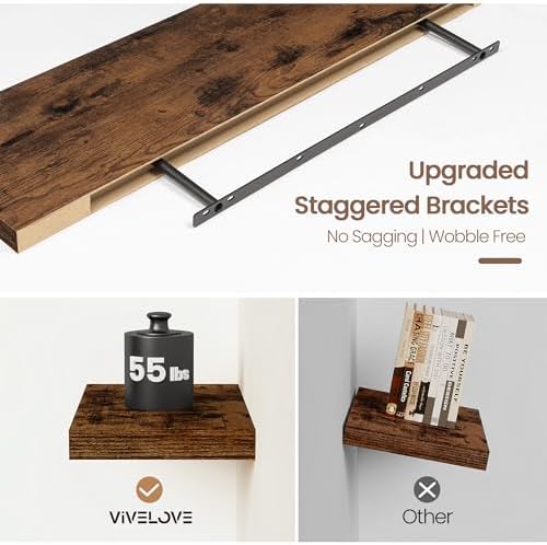 Vivelove Floating Shelves 9 inch Deep 40”Long Set of 2, Rustic Brown | Easy Install With Hardware, 1.5" Thick, Invisible Brackets, Wall Mounted, No Sagging, For Any Room