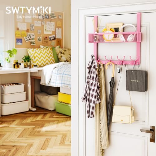 SWTYMIKI Over The Door Hook with 16 Hooks & Mesh Baskets - Heavy Duty Over The Door Organizer Hanger for Towels, Coats, Clothes - Space Saving Hanging Rack for Bathroom, Living Room, Pink