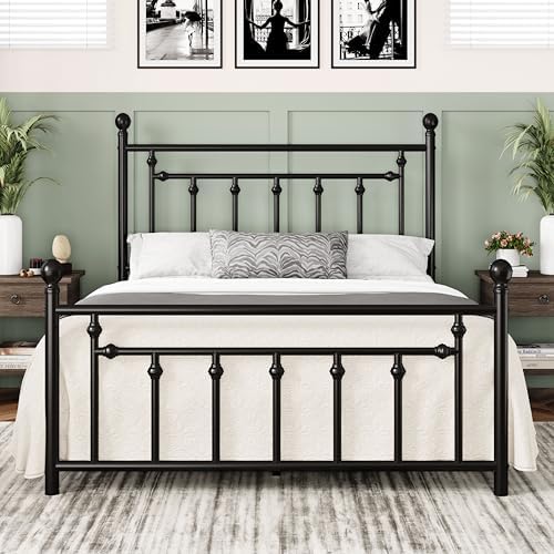 Allewie 14'' Full Size Metal Platform Bed Frame, Vintage Headboard, Black
