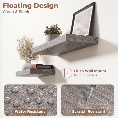 36 Inch Floating Shelves for Wall 2 Pack, 8"D Wood Grain Bathroom Shelves | Invisible Brackets, Grey Oak Finish, Easy Install | Engineered Wood Storage Shelves for Kitchen, Study, Bedroom