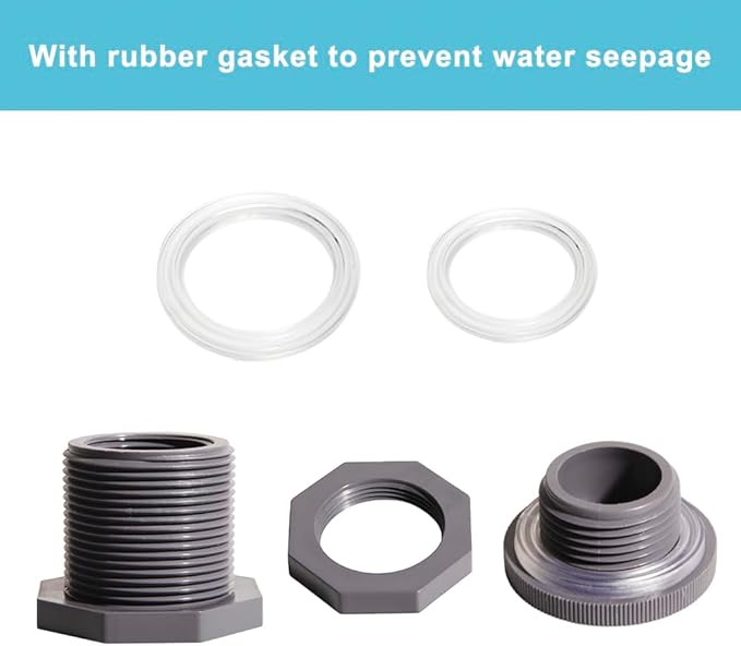 Ququyi 1 Inch PVC Bulkhead Water Tank Connector Adapter Fitting with Plugs Thru-Bulk Pipe Fitting for Rain Barrels, Aquariums, Ponds(Set of 1)