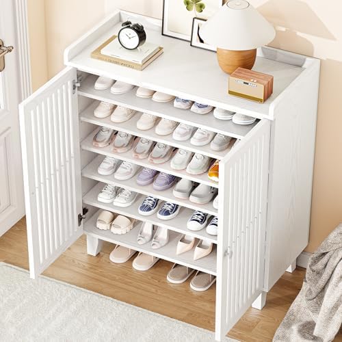 IRONCK Shoe Cabinet with Slatted Doors, 6-Tier Shoe Storage Cabinet, White