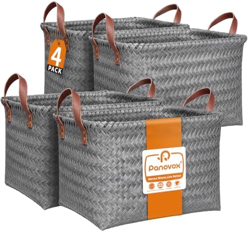 Wicker Storage Baskets, 4 Pack Woven Baskets for Shelves, Grey