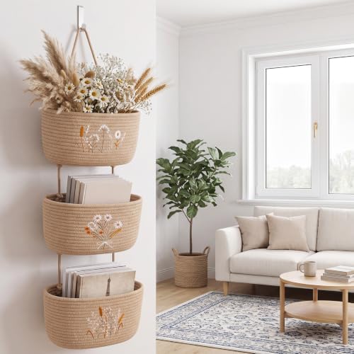 Novabright 3 Tier Over The Door Hanging Basket Organizer with Hooks | Woven Cotton Wall Mounted Storage Organizer Closet Boho Embroidery Large Wall Basket for Nursery Bedroom Bathroom Kitchen