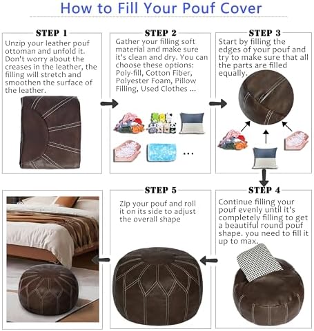Thgonwid Unstuffed Moroccan Faux Leather Pouf Ottoman Cover with Storage - Boho Chic Multi-Use Footrest for Living Room, Bedroom, Patio - Round Ethnic Floor Cushion & Decorative Accent, Deep Coffee