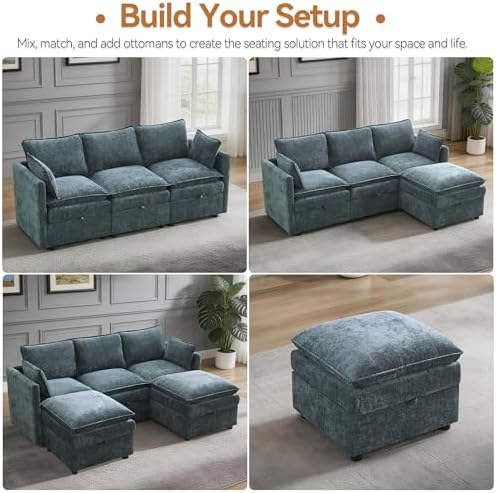 80" Modular L Shaped Storage Sofa with Ottoman, Cloud Sectional Sofa with Hidden Storage, Modern Chenille Couch with Ottoman for Living Room, Blue