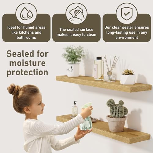 Fun Memories 55 Inch Floating Shelves for Wall 2 Pack Shelves for Bedroom|Kitchen|Bathroom 55 x 9.3 Inch Wood Floating Shelf with Invisible Brackets for Books|Storage|Decor, Oak