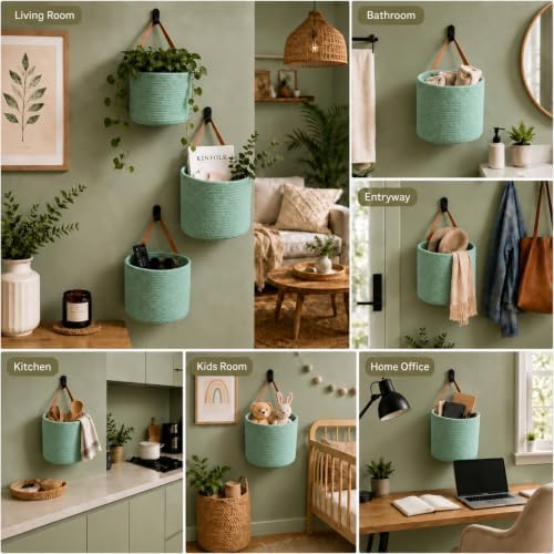Honeydak 3 Hanging Baskets, Sage Green, Cylinder, Cotton Rope | Wicker Wall Baskets with Hooks for Fruit Vegetable Onion Storage, Teardrop Organizer for Kitchen, Boho Farmhouse Decor