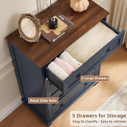 Joaxswe Farmhouse 5 Drawer Dresser for Bedroom Set of 2, 42" Tall Small Dressers & Chest of Drawers, Rustic Wood Dresser with Metal Handle, Storage Organizer Closet for Living Room, Hallway,Entryway | Chest of Drawers, Rustic Wood Dresser with Metal Ha...
