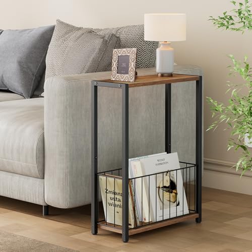Homleke Narrow Side Table with Magazine Holder, Skinny End Table