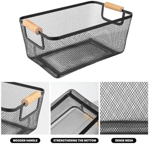 2 Pack 12" Wide Metal Mesh Baskets with Bamboo Handles for Pantry Organization | Wire Storage Bins for Kitchen, Cabinet, Fruit & Snacks | Decorative Farmhouse Style Organizer