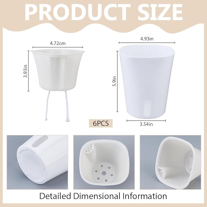 6 Kits Self Watering Pots for Indoor Plants, 4.93inch White Plastic Self Watering Planters for Herbs Succulents, Garden Decorative Flower Pots with Water Visual Window, Water-Absorbing Rope