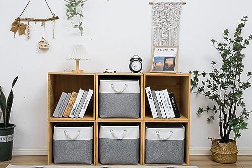 MidmmVick 13 x 13 Inch Cube Storage Bins, 4 Pack Large Collapsible Fabric Storage Bin with Ropes, Foldable Storage Cubes for Home, Office,Closet, Clothes, Toys Organizer (White & Grey)